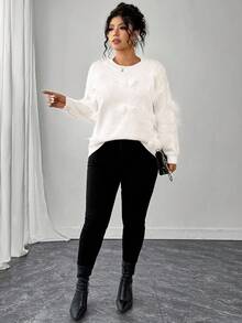 Elenzga Plus Size Women Solid Color Round Neck Long Sleeve Fuzzy Decor Fashion Pullover Sweater Winter Fall Autumn - White - View 4