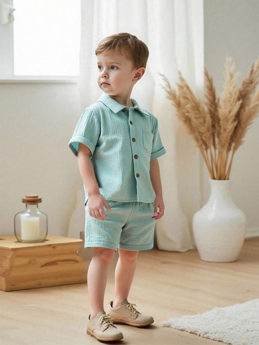 SHEIN Vintaside Kids 2pcs/Set Young Boys Double Layer Gauze Casual Shirt And Shorts Set, For Summer Getaway, Holiday, Travel, Relax, Sunbathing, Linen, Cotton&Linen, School, Campus, College Summer Holiday
