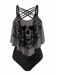 SHEIN Swim Curve Plus Size Summer Beach Skull Print Asymmetrical Hem Spaghetti Strap Top And Ruched Bottom Tankini Set, Perfect For Pool Party, Halloween - Multicolor - View 1