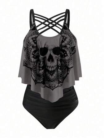 SHEIN Swim Curve Plus Size Summer Beach Skull Print Asymmetrical Hem Spaghetti Strap Top And Ruched Bottom Tankini Set, Perfect For Pool Party, Halloween