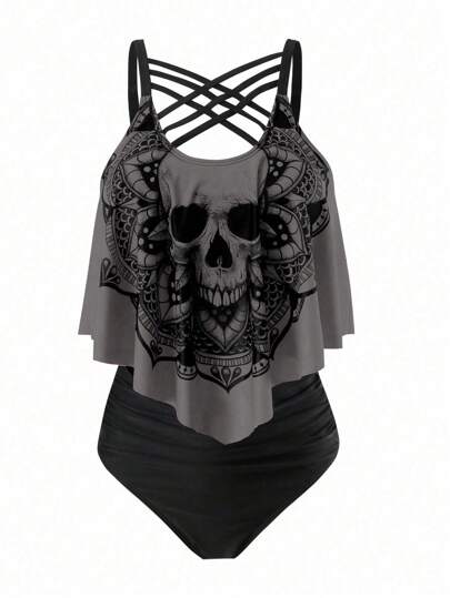 SHEIN Swim Curve Plusstorlek sommarstranddödskalletryck asymmetrisk nederkant spaghettibandstopp och rynkad nederdel tankini-set, perfekt för poolparty, Halloween