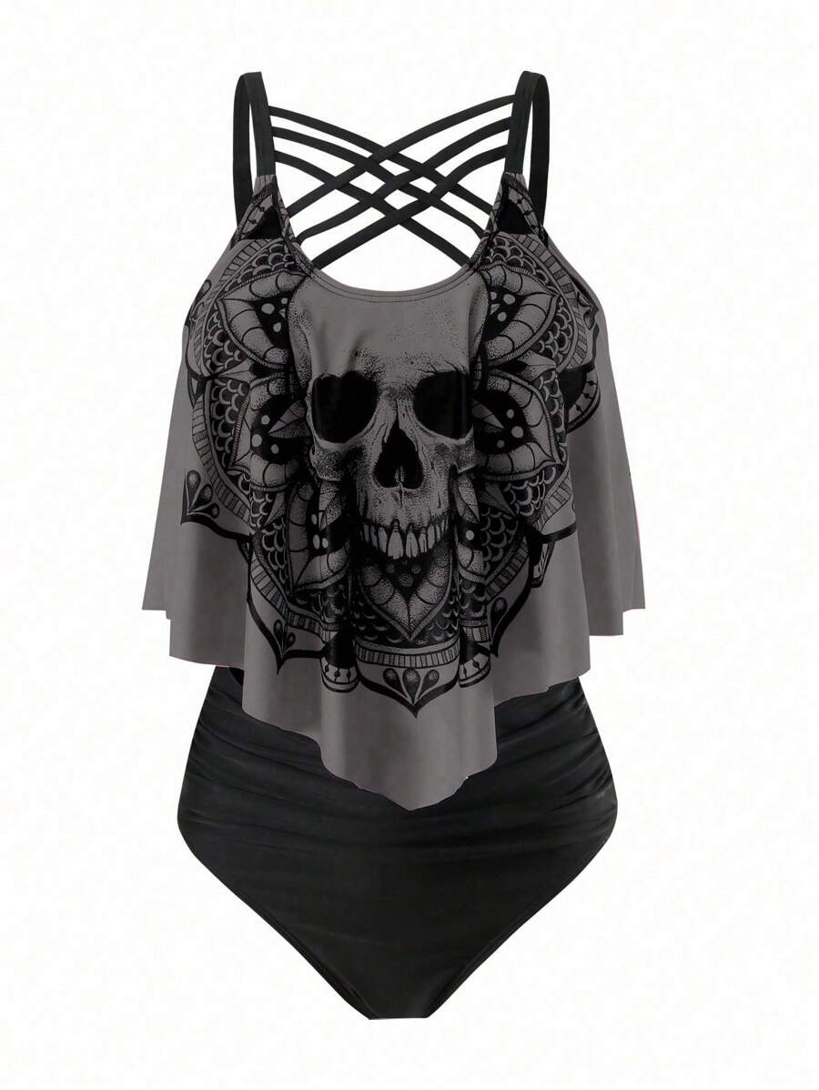 SHEIN Swim Curve Plus Size Summer Beach Skull Print Asymmetrical Hem Spaghetti Strap Top And Ruched Bottom Tankini Set, Perfect For Pool Party, Halloween - Multicolor - View 1