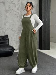 SHEIN EZwear 军绿色加大码弹力羊毛罗纹背带裤，秋冬