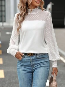 SHEIN Clasi 女士瑞士圆点立领灯笼袖 - 白色 - 查看 5