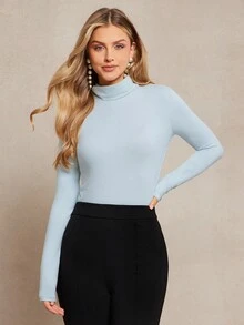 Amorya 女士优雅高领修身高品质羊绒混纺T恤，百搭日常上衣，女士长袖修身舒适上衣，长袖高领上衣，可爱上衣，可爱长袖上衣，女士长袖上衣，秋季女士长袖上衣，女士高领上衣，修身保暖上衣 - 藍色 - 查看 4