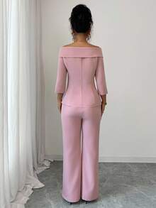 Elenzga Ținută elegantă de petrecere pentru femei, cu guler roz, din două piese, toamnă - Roz - Vizualizare 2