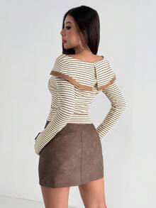 Aidyla Striped Knit Collared Long Sleeve Off-Shoulder Henley T-Shirt Tops With Minimalist Design Fall Clothes For Women - Khaki - View 3