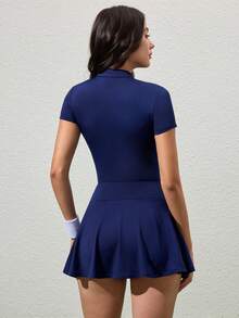 CourtClass 女士字母印花拉链瑜伽连体裤和迷你裙套装 - 藏蓝色 - 查看 2