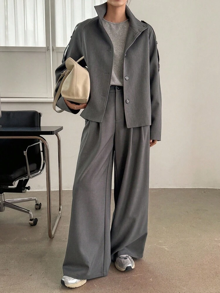 2pcs Women Stand Collar Short Belted Windbreaker Jacket And Loose Wide-Leg Pants Casual Suit Set Lounge Sets For Women