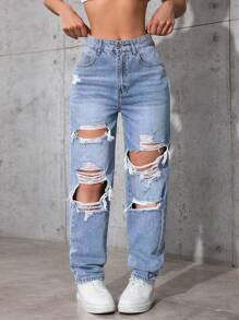 大码女式夏季牛仔破洞牛仔裤 - 藍色 - 查看 6