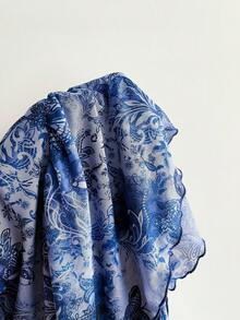 Dreamara Plus Size Romantic Halter Knit Mesh Blue Floral Print Dress - Blue - View 6