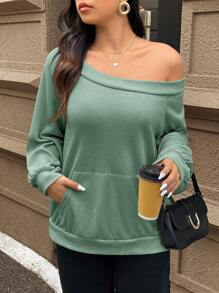 SHEIN Frenchy Große Größen einfarbiges Sweatshirt mit Schulterausschnitt und Langarm, minimalistisch, Lässig Alltagsmode, Flughafen, Herbst Winter - Grün - Übersicht 2