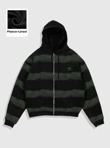 ROMWE MEN Street Life Striped Zip-Up Hoodie Sweatshirt For Men - Black - View 1