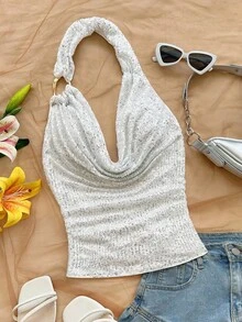 Soleia 女士亮片面料露背金属肩带低胸上衣，适合派对、圣诞节、约会之夜、夜总会、海滩、游轮、下午茶、波西米亚风、波西米亚风、度假、秋季 - 銀色 - 查看 3