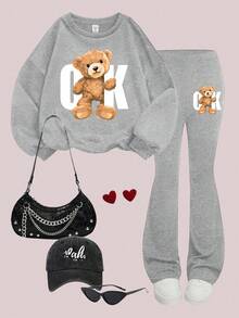 SHEIN Leap Crew Tween Mädchen Sweatshirt mit Bären Muster und weite Hose 2 Stücke Lässig Set