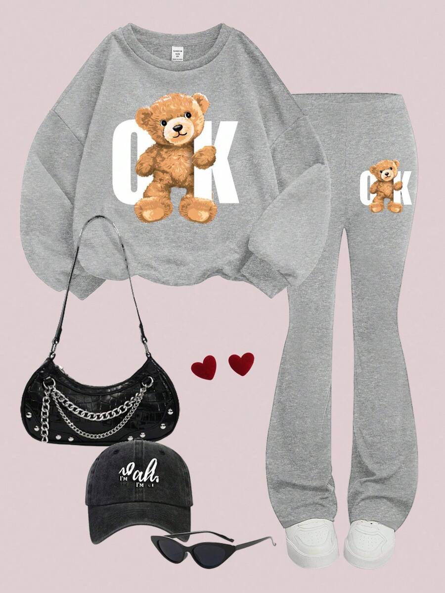 SHEIN Leap Crew Tween Mädchen Sweatshirt mit Bären Muster und weite Hose 2 Stücke Lässig Set
