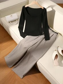 SHEIN Franclia 2 件套：优雅法式通勤黑色方领长袖紧身上衣和条纹西装裤，秋冬 - 黑色 - 查看 4