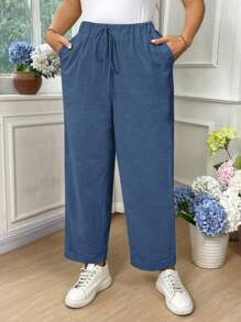 EMERY ROSE 大码女式纯棉弹力腰带口袋休闲翻领裤 - 水鴨藍 - 查看 5