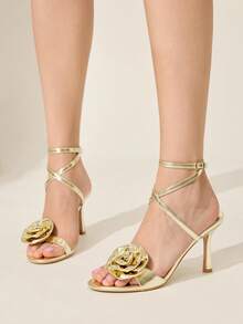 CUCCOO CHICEST Sandalias de tacón alto con puntera redonda, elegantes, glamorosas y sensuales, con decoración de flor de rosa de metal dorado - Dorado - Ver 3