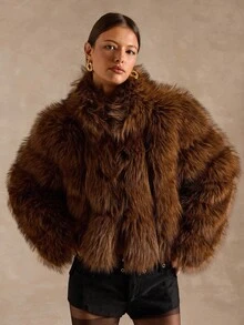 SHEIN BAE Women's Autumn/Winter Fashion Striped Faux Fur Jacket,Autumn-Winter Fur Coat,Fur Coat Women ,Faux Fur Coat,Elegant Fur Coat - Chocolate Brown - View 6