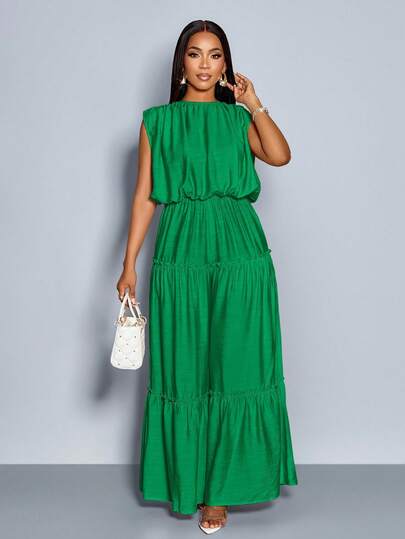 SOLERSUN 春夏女装日常休闲度假杏色梭织圆领纽扣后开衩短袖聚拢肩部松紧收腰层叠裤腿长款连体裤