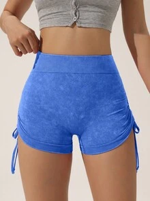Core Rhythm Quần short thể thao chải chuốt liền mạch co giãn cao nâng mông cho nữ có dây rút bên hông - Màu xanh lam - Xem 4
