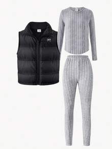 Girls Casual Fashion Quilted High Collar Zip-Up Cardigan With Bow Embroidery, Paired With Ribbed Crew Neck Long Sleeve Top And Pants, Comfortable 3 Pieces Set Fall Winter - Multicolor - View 4