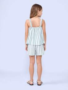 SUMWON Kids Summer Vacation Two Piece Sleeveless Strappy Striped Co-Ord Casual Beach Resort Wear Lightweight Outfit - Blue - View 2