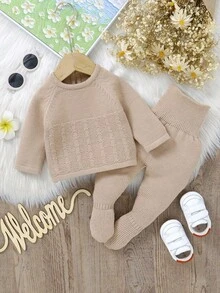 SHEIN 2 件卡其色幼儿针织套装 | 圆领套头毛衣 + 高腰护腹打底裤，休闲基本款 - 卡其色 - 查看 5