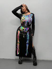 Whyspr 万圣节骷髅夜光黑色长袖圆领修身超长连衣裙 - 黑色 - 查看 3