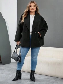 SHEIN CURVE+ Abrigo negro elegante con solapa para mujer de talla grande, de manga larga y versátil, adecuado para otoño/invierno - Negro - Ver 8