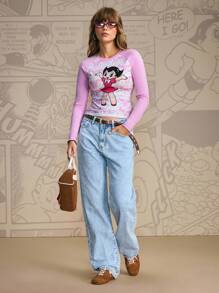 Astro Boy X SHEIN Women's Cartoon Figure Graphic Color Block Round Neck Long Sleeve T-Shirt - Pink - View 6