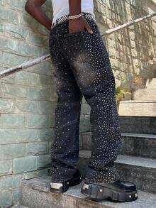 ROMWE MEN Street Life Men's Sparkling Diamond Loose Baggy Jeans - Black - View 2
