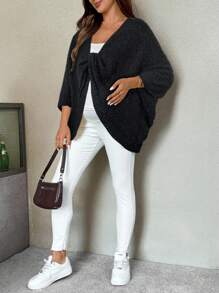 SHEIN 袖口扭结装饰纯色孕妇毛衣黑色孕妇开衫孕妇罩衫 - 黑色 - 查看 4