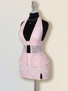 SHEIN ICON 女式蝴蝶结刺绣亮片两件套，心形水钻纽扣短款上衣和紧身裙，性感又 - 粉色 - 查看 9