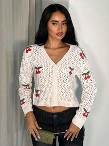 Glamine 女士樱桃图案镂空长袖单排扣休闲薄款开衫 - 杏色 - 查看 7