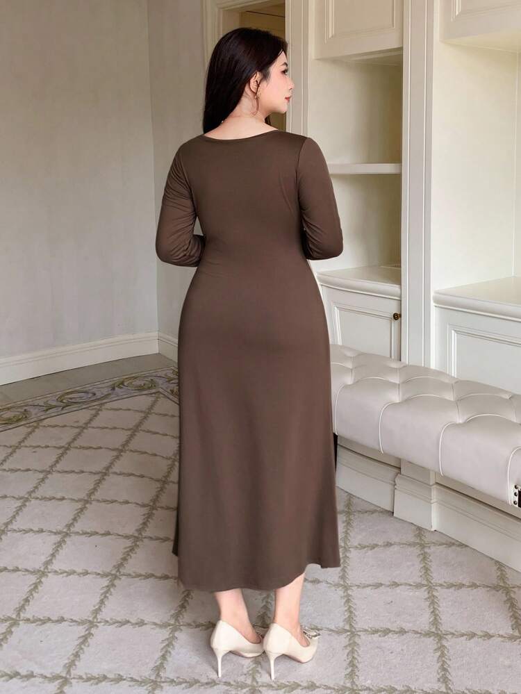 Dazy Plus Solid Color Contrast Lace Elastic Bodycon Plus Size Women Long Sleeve Maxi Party Dress, Autumn