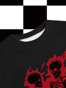 Bat Sada Halloween Women's Loose Fit Contrast Color Pullover Hoodie, American Dark Style Skull Y2K Hip Hop Graphic Print Halloween Sweatshirts Skeleton Sweatshirt Graphic Sweatshirt Flaming Skeleton Sweatshirt Skull Sweatshirt Gothic Sweatshirt Flames Sweatshirt - Red - View 3