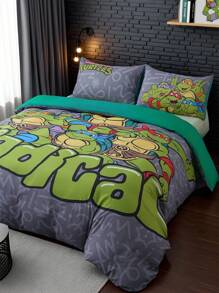 TEENAGE MUTANT NINJA TURTLES | SHEIN 3pcs Bedding Set, Soft & Breathable Cozy Warm Cartoon Turtle Pattern Gray Duvet Cover - Grey - View 2