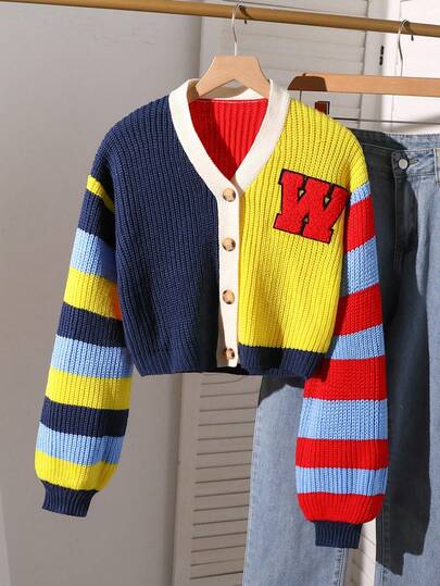 SHEIN Sparklyn Chaqueta de punto de niña preadolescente con bloques de color y rayas, corta y minimalista, chaqueta de punto a rayas dulce y fresca, chaqueta de punto, chaqueta de punto con bloques de color, chaqueta de punto tipo "Letterman", chaqueta de punto con bloques de color, chaqueta de punto Y2K, chaqueta de punto de otoño e invierno, artesanía de otoño