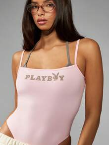 Missguided x Playboy 经典女式紧身衣，露背双肩带设计，正面印有标志，舒适棉混纺，修身优雅街头装，夏季派对夜生活 - 粉色 - 查看 4