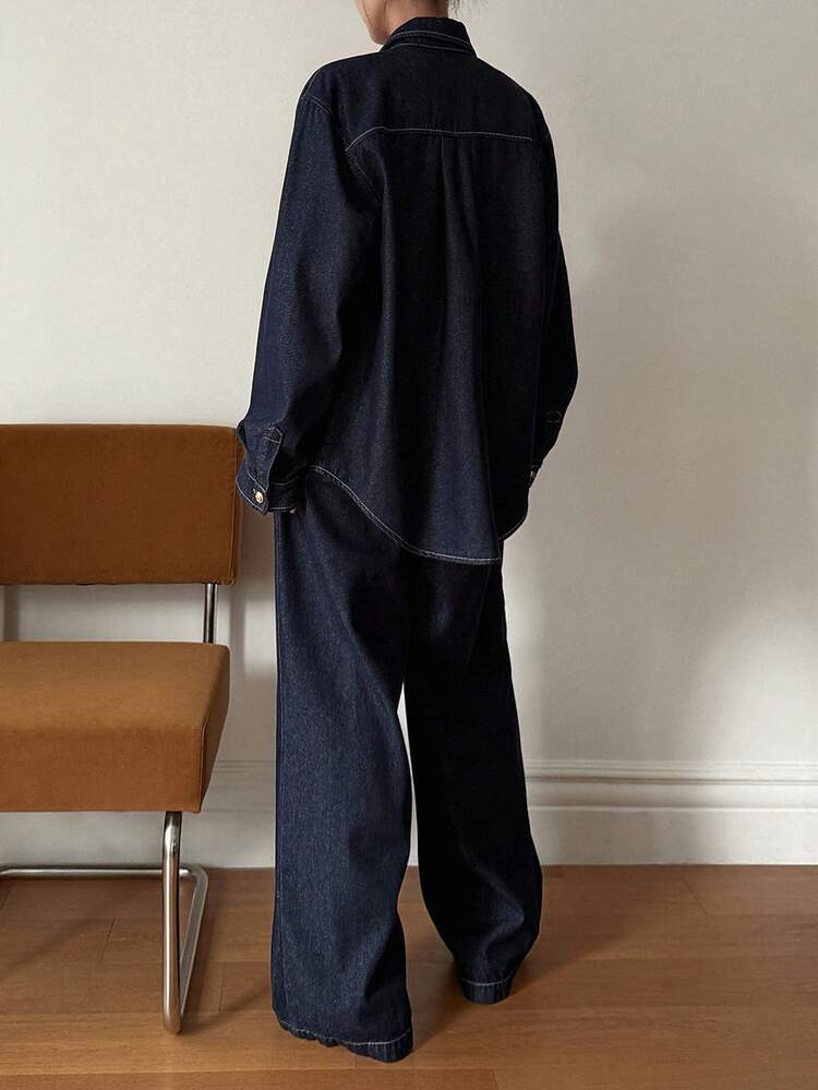 2pcs Women Casual Denim Suit, Collared Long Sleeve Shirt And Loose Fit Pants