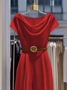 Franclia Women's Elegant Solid Color Plunging Neckline Jumpsuit - Red - View 3