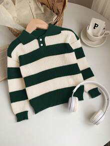 SHEIN 1 Piece Young Boys Casual College Comfortable Fashion Simple Practical All-Match Soft Comfortable Loose Striped Polo Sweater Suitable For Birthday Parties, Parties, Shows Suitable For Kids Outfits Young Boy Clothes School Back To School Boys Set Daily Suitable For School Suitable For Travel Suitable For Sports Suitable For Autumn And Winter Fall