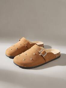 Solecia 女士圆头钻石扣带方便穿脱，平底舒适，适合日常宴会和通勤，时尚百搭的女鞋 - 棕色 - 查看 2