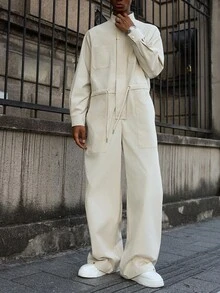 Manfinity EMRG 男士休闲连体裤，带口袋，腰部抽绳，前拉链连体裤，秋季 - 米色 - 查看 6