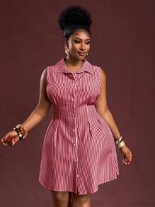 Veslaya 春夏新款女士大码优雅通勤休闲办公条纹梭织面料无袖收腰衬衫裙 - 紅色 - 查看 2