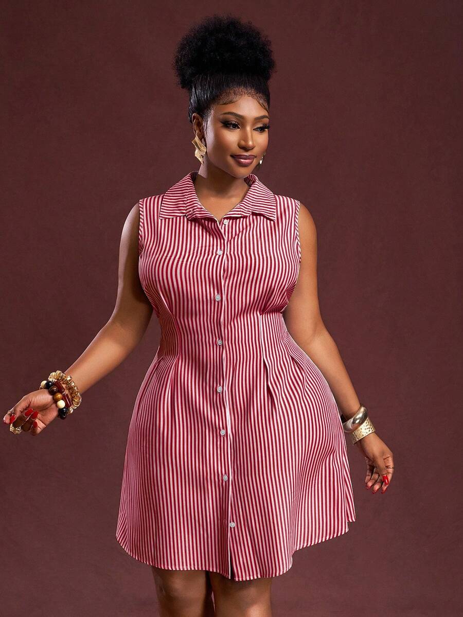 Veslaya 春夏新款女士大码优雅通勤休闲办公条纹梭织面料无袖收腰衬衫裙