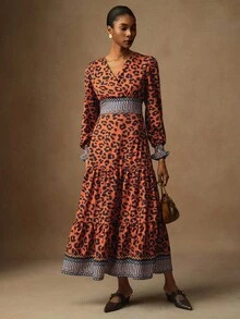 Vesra Rochie elegantă de damă cu imprimeu leopard și decolteu încrucișat - Maro - Vizualizare 5
