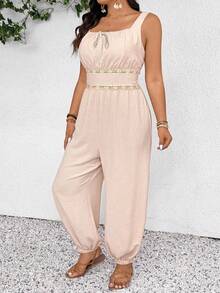 SHEIN Frenchy Plus Size Casual Vacation Sleeveless Jumpsuit With Cuffed Ankles - Apricot - View 6